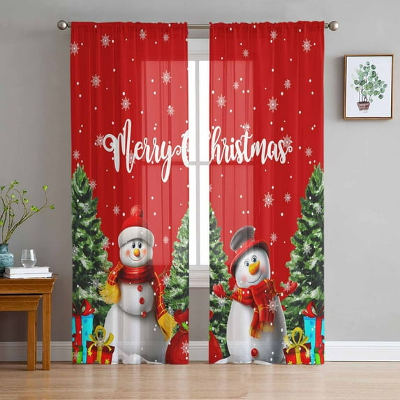 Red Christmas Snowman Sheer Curtains 96 Inches Long, Winter Snowflake Green Xmas Tree Light Filtering Window Curtains for Living Room, Rod Pocket Voile Sheer Curtain Drapes, 52"Wx96"L, 2 Panels