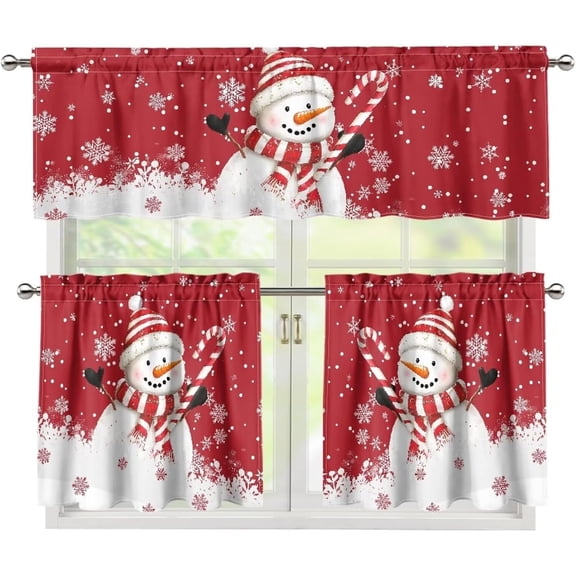 Red Christmas Snowman Small Kitchen Curtain 36 Inch Length Small Short Cafe Tiers Curtains Drape, 3 Panel Window Treatment Rod Pocket Drapery Panels Curtains