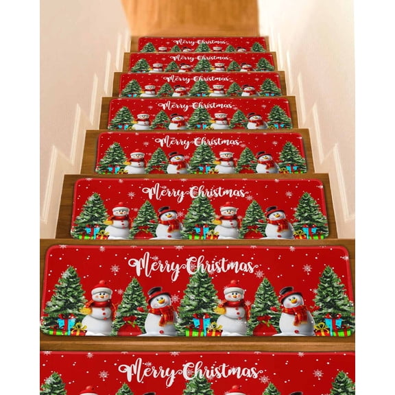 Red Christmas Snowman Stair Treads for Wooden Steps Indoor Runner Rug Carpet, Winter Snowflake Green Xmas Tree 4 Pieces Peel and Stick Staircase Step Treads Covers Washable Throw Door Mats, 30"x8"