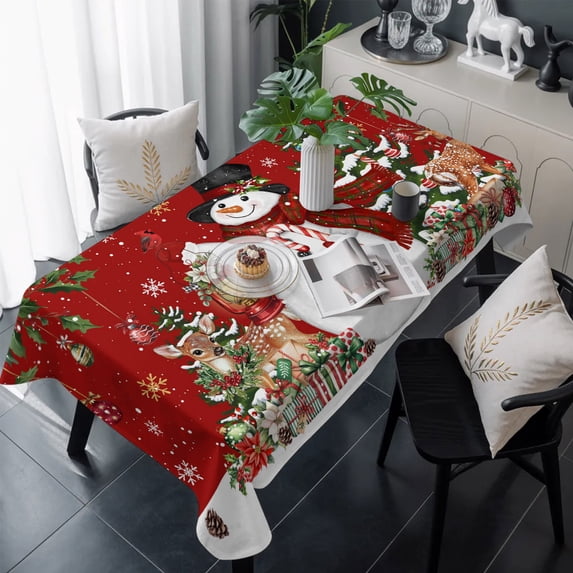 Red Christmas Snowman Table Cloth Waterproof Tablecloths, Xmas Snowflake Elk Tree Balls Tablecloth Dining Table Cover for Kitchen Party Tabletop Outdoor, Rectangle Tablecloth 54x108 Inch