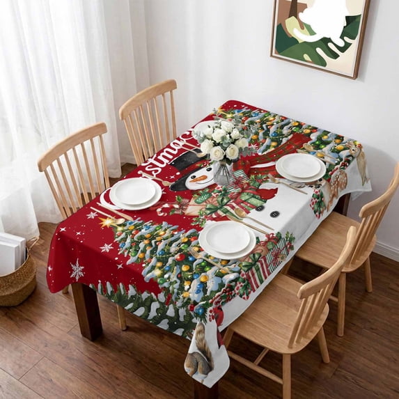 Red Christmas Snowman Table Cloth Waterproof Tablecloths, Xmas Tree Snowflake Botanical Tablecloth Dining Table Cover for Kitchen Party Tabletop Outdoor, Rectangle Tablecloth 60x84 Inch