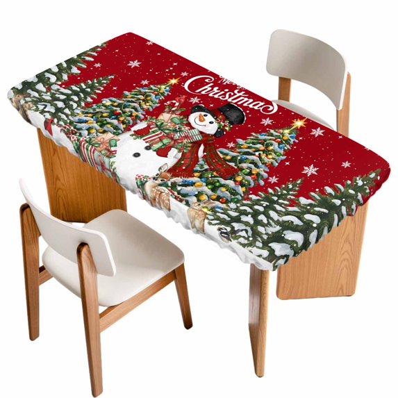 Red Christmas Snowman Table Cloths for 3 Foot Rectangle Tables, Xmas Tree Snowflake Botanical Patio Waterproof Elastic Fitted Tablecloths, Washable Rectangular Table Cover for Camping