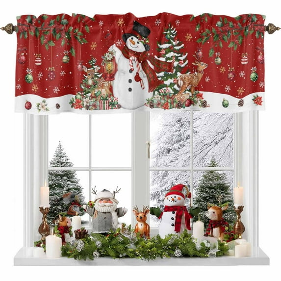 Red Christmas Snowman Valances for Windows, 42 x 18in, Xmas Snowflake Elk Tree Balls Rod Pocket Kitchen Valance Curtain Light Filtering Window Treatments for Living Room Bedroom, 1 Panel