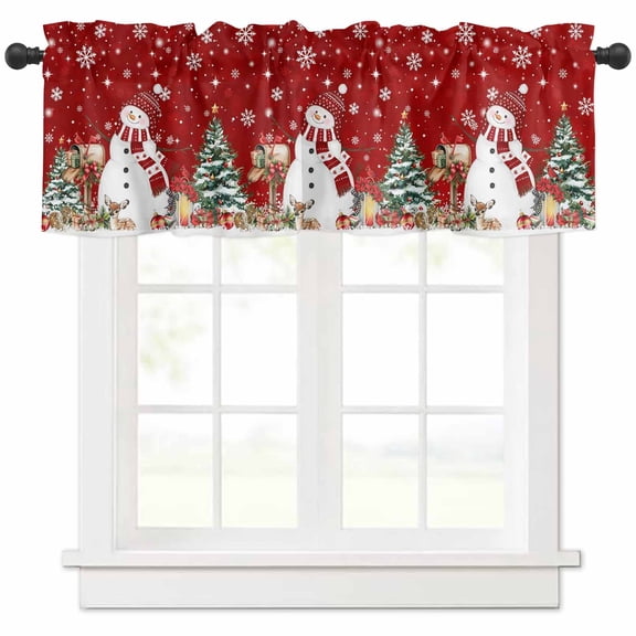 Red Christmas Snowman Valances for Windows, Xmas Tree Elk Balls Snowflake Light Filtering Window Treatment Valances, Rod Pocket Small Curtains for Kitchen/Bathroom, 54"x18"