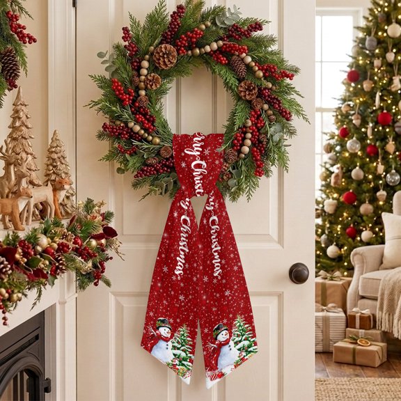 Red Christmas Snowman Wreath Sash for Front Door, Xmas Balls Pine Tree Snowflake Wood Grain Sash for Wreath, Home Decor Wall Window Porch Decoration Indoor Outdoor 4.5'' x 56''