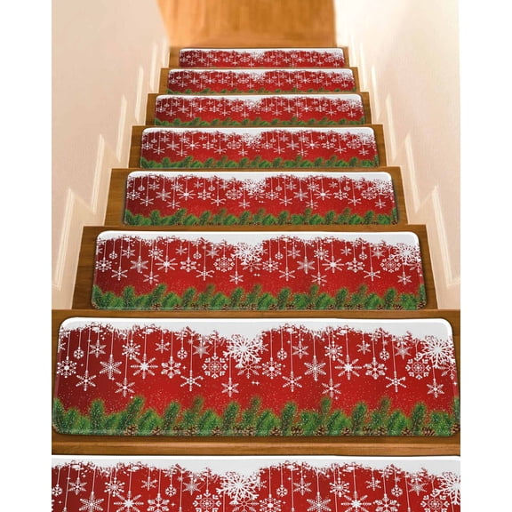 Red Christmas Stair Treads for Wooden Steps Indoor Runner Rug Carpet, Winter Snowflake Pine Cones Branches 15 Pieces Peel and Stick Staircase Step Treads Covers Washable Throw Door Mats, 30"x8"