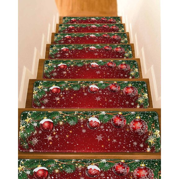 Red Christmas Stair Treads for Wooden Steps Indoor Runner Rug Carpet, Winter Xmas Balls Snowflake Pine Branches 15 Pieces Peel and Stick Staircase Step Treads Covers Washable Throw Door Mats, 30"x8"