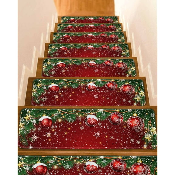 Red Christmas Stair Treads for Wooden Steps Indoor Runner Rug Carpet, Winter Xmas Balls Snowflake Pine Branches 4 Pieces Peel and Stick Staircase Step Treads Covers Washable Throw Door Mats, 30"x8"