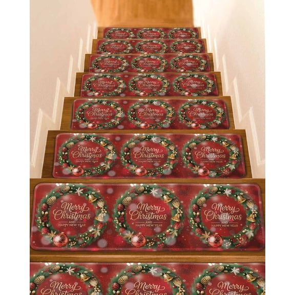 Red Christmas Stair Treads for Wooden Steps Indoor Runner Rug Carpet, Winter Xmas Pine Branches Cone Balls 4 Pieces Peel and Stick Staircase Step Treads Covers Washable Throw Door Mats, 30"x8"