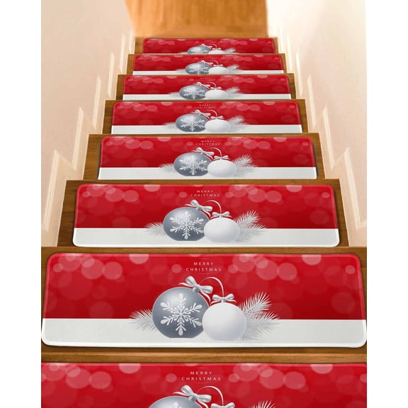 Red Christmas Stair Treads for Wooden Steps Indoor Runner Rug Carpet, Xmas Balls Pine Needles Snowflakes Winter 4 Pieces Peel and Stick Staircase Step Treads Covers Washable Throw Door Mats, 30"x8"