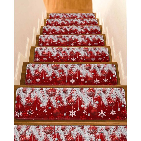 Red Christmas Stair Treads for Wooden Steps Indoor Runner Rug Carpet, Xmas Balls Snowflake Silver Pine Needles 15 Pieces Peel and Stick Staircase Step Treads Covers Washable Throw Door Mats, 30"x8"