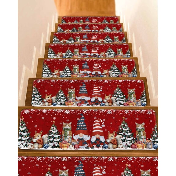 Red Christmas Stair Treads for Wooden Steps Indoor Runner Rug Carpet, Xmas Gnomes Cat Pine Tree Winter Snowflake 4 Pieces Peel and Stick Staircase Step Treads Covers Washable Throw Door Mats, 30"x8"
