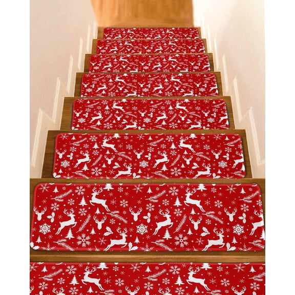 Red Christmas Stair Treads for Wooden Steps Indoor Runner Rug Carpet, Xmas Snowflakes Winter Pine Tree Deer 4 Pieces Peel and Stick Staircase Step Treads Covers Washable Throw Door Mats, 30"x8"