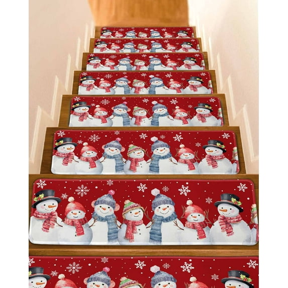 Red Christmas Stair Treads for Wooden Steps Indoor Runner Rug Carpet, Xmas Snowman Snowflake Winter Holiday 4 Pieces Peel and Stick Staircase Step Treads Covers Washable Throw Door Mats, 30"x8"