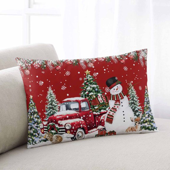 Red Christmas Standard Size Pillow Cover, Pillowcase Protectors with Zipper, Breathable Decorative Throw Pillow Case Cover, Snowman Xmas Truck Balls Tree Pillow Shams for Couch Sofa 20x26Inch