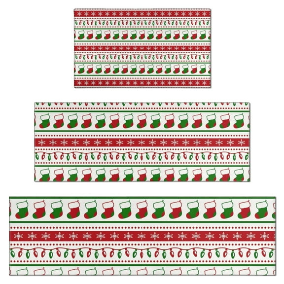 Red Christmas Stocking and Snowflake Pattern Kitchen Rugs Sets Of 3,Kitchen Runner Rugs Non Skid Washable,Decorative Kitchen Floor Mats for Kitchen,Sink,Laundry,17"x30"+ 17"x47" + 17"x59"