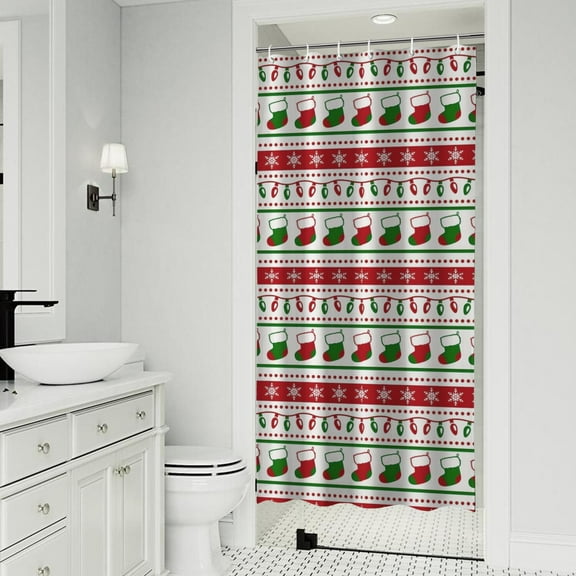 Red Christmas Stocking and Snowflake Pattern Shower Curtain 36"x72" ,Bathroom Decorative Shower Curtains Set with 12 Hooks,Modern Waterproof Washable Shower Curtain