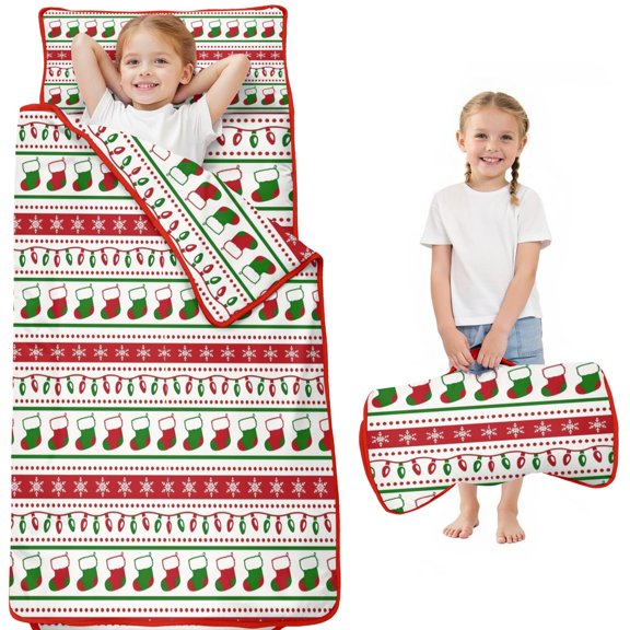 Red Christmas Stocking and Snowflake Pattern Toddler Nap Mats for Kids Preschool,51"x22" Sleeping Mat Bag or Kids,Toddler Sleeping Bag,Toddler Nap Mat or Daycare