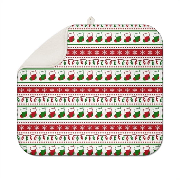 Red Christmas Stocking and Snowflake Pattern Dish Drying Mat for Kitchen 1 Pack, Ultra Absorbent Microfiber Dishes Drainer Mats,16x18in(41x46cm)
