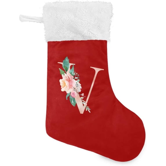 Red Christmas Stockings Custom V Christmas Presonalized Large Stocking Sock, Set of 1 Xmas Party Winter Decor Candy Bag Family Holiday Gift, 17.7 Inch
