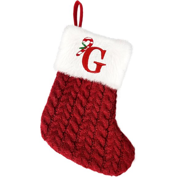 Red Christmas Stockings with Initials - 8 Inches Mini Knitted Embroidered Monogram Stockings with Plush, Small Personalized Letter Xmas Stockings for Holiday Decoration Ornaments