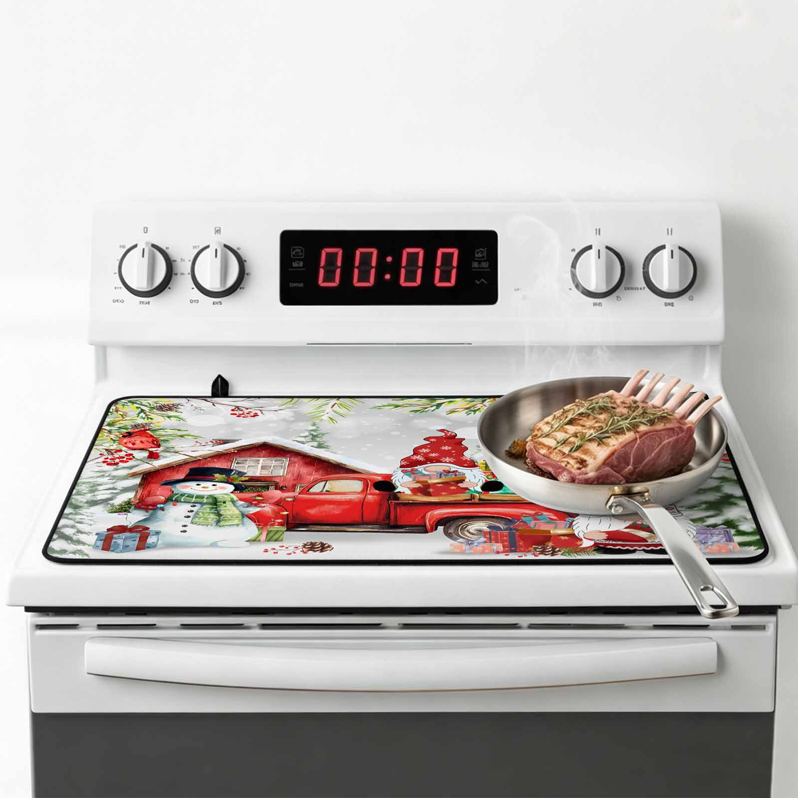 Red Christmas Stove Top Cover for Electric Stove, Heat-proof & Non Slip Glass Top Stove Cover Protector, Snowman Truck Gnomes Xmas Botanical Gifts Kitchen Flat Cooktop Rubber Mat 24x21 Inches
