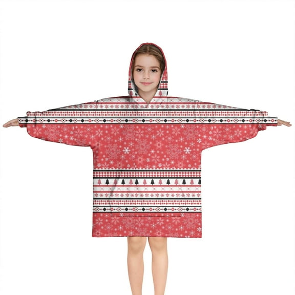 Red Christmas Striped Pattern Blanket Hoodies for Kids 6-13YR Oversize Wearable Blanket Hoodies for Boys Girls Teens