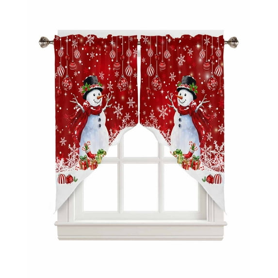 Red Christmas Swag Curtains for Living Room/Kitchen/Bedroom/Bathroom,Snowman Xmas Balls SnowflakeSwag Valance Curtains Short Half Kitchen Topper Curtains Window Swag 2 Panels 28''x36''