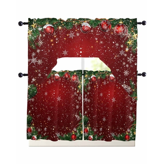 Red Christmas Swag Kitchen Curtains Sets for Windows 24 Inch Length, Winter Xmas Balls Snowflake Pine Branches Short Window Curtain Panels Swags Valances and Tiers 3 Piece Set for Cafe/Dining Room