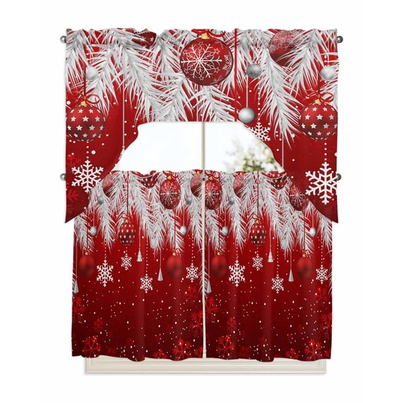 Red Christmas Swag Valance and Tier Curtains 36'' Length Set, Xmas Balls Snowflake Silver Pine Needles Light Filtering Kitchen Curtains, Tier Curtain Valances for Bathroom/Living Room/Bedroom/Café