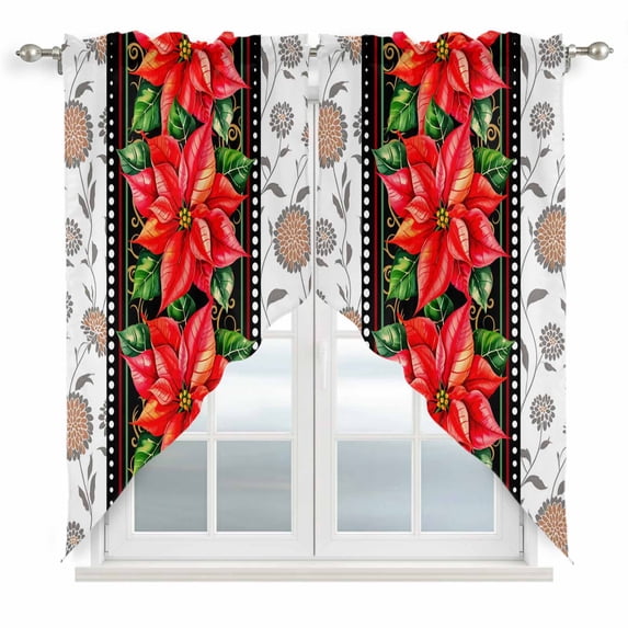 Red Christmas Swag Valances for Windows 2 Pack, Kitchen Window Curtains 36 Inch Length, Xmas Botanical Poinsettia Privacy Swag Curtains for Living Room/Bathroom with Rod Pocket 36"x36"