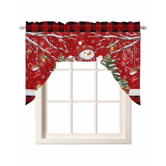 Red Christmas Swag Valances for Windows, Small Curtains Drapes, Xmas Snowman Tree Snowflakes Birch Branches Kitchen Window Curtains Over Sink Window Treatment Valance for Bedroom/Bathroom 56"x36"
