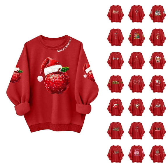 Red Christmas Sweatshirts for Women 2025 Long Sleeve Crewneck Merry Christmas Graphic Sweatshirt Holiday Pullover Tops