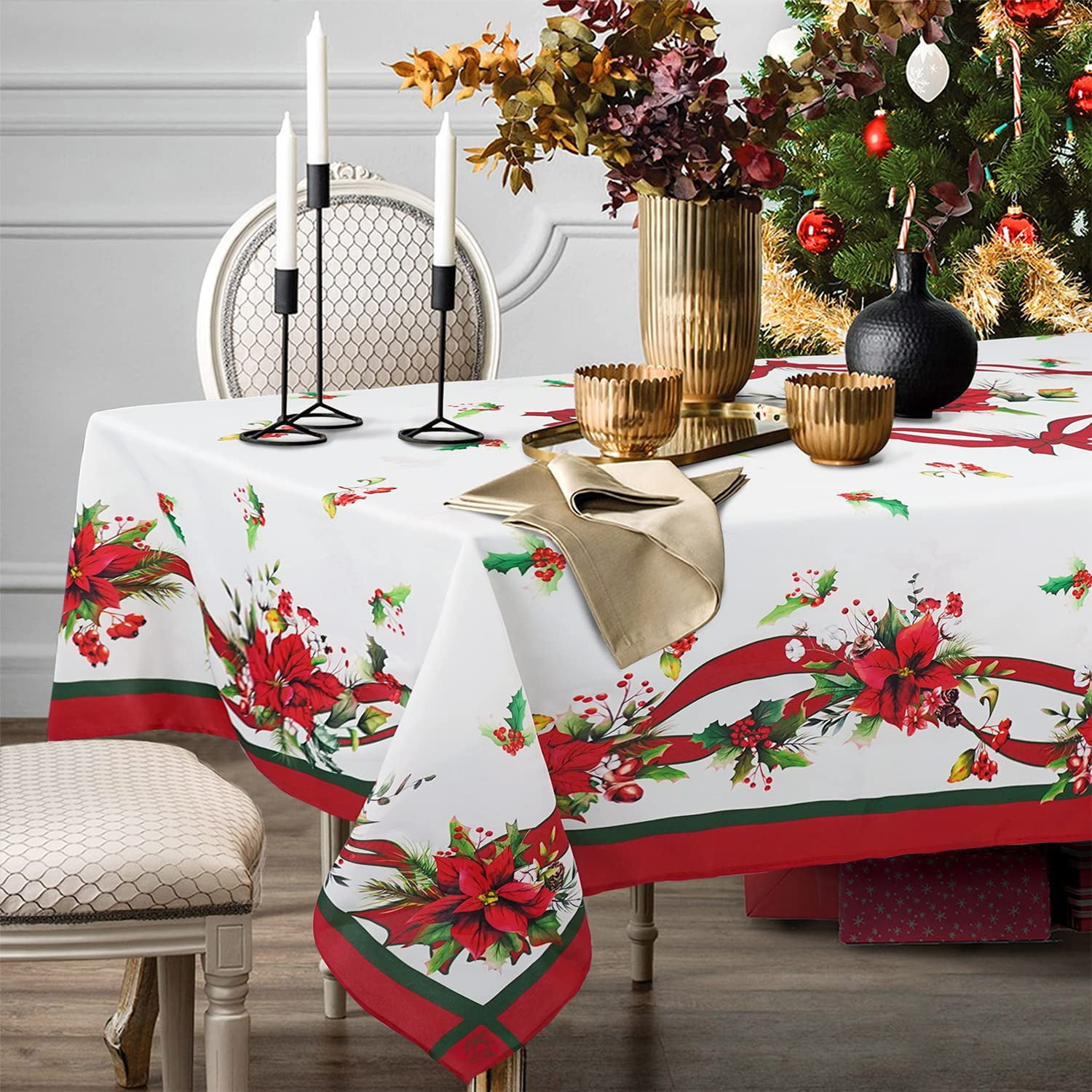 Red Christmas Table Cloth Rectangle 60 x 84 6 8 Seats Washable Polyester Poinsettia Print Decoration Tablecloth for Kitchen Dinning Holiday