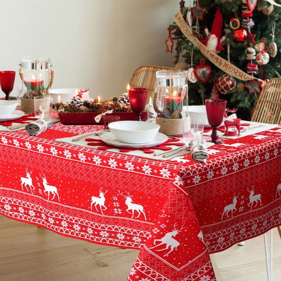 Red Christmas Table Cloth Rectangle 60" x 84" - Washable Polyester Deer & Snowflake Print Decoration Tablecloth for Kitchen Dinning, Holiday Dinner