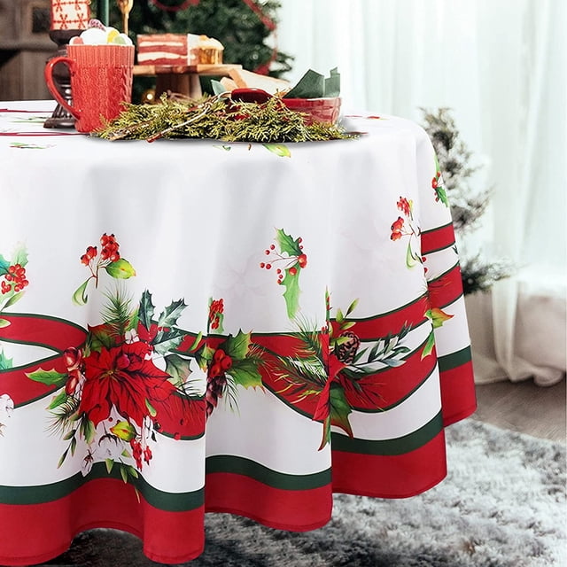 Poinsettia Print Tablecloth – 70x104 Inch Holiday Table Cover | 100% Polyester, Easy Care, Non-Reversible