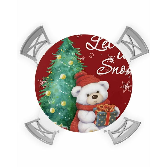 Red Christmas Table Cloth, Round Fitted Tablecloths with Elastic Edge, Xmas Tree Bear Snowflake Watercolor Wipeable Waterproof Table Cover for Kitchen Wedding 36-44 Inches