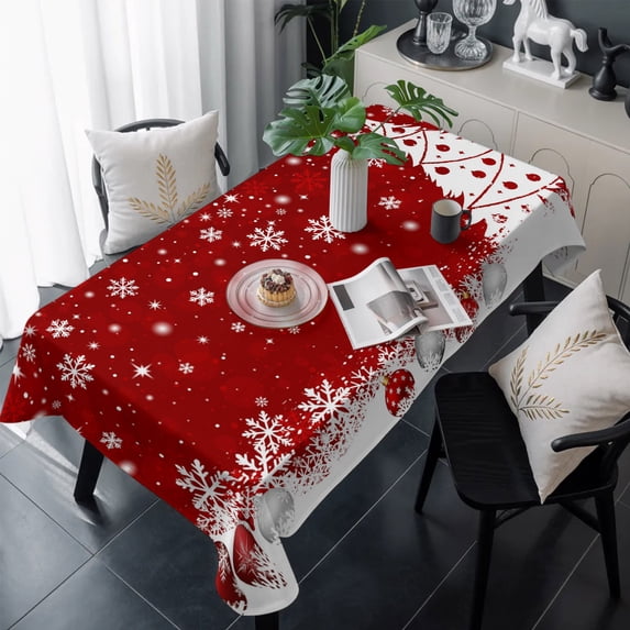 Red Christmas Table Cloth Waterproof Tablecloths, Snowflake Winter Xmas Tree Ball Tablecloth Dining Table Cover for Kitchen Party Tabletop Outdoor, Rectangle Tablecloth 54x108 Inch