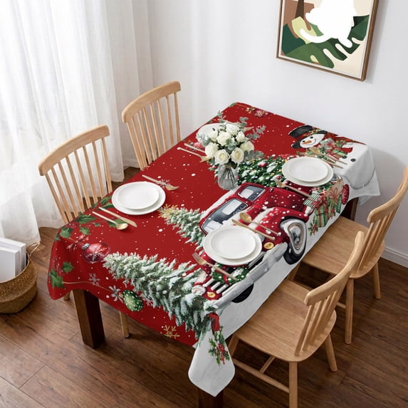 Red Christmas Table Cloth Waterproof Tablecloths, Snowman Truck Xmas Tree Ball Snowflake Winter Tablecloth Dining Table Cover for Kitchen Party Tabletop Outdoor, Rectangle Tablecloth 60x102 Inch