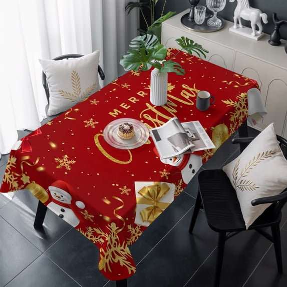 Red Christmas Table Cloth Waterproof Tablecloths, Snowman Xmas Snowflake Gifts Winter Tablecloth Dining Table Cover for Kitchen Party Tabletop Outdoor, Rectangle Tablecloth 54x108 Inch