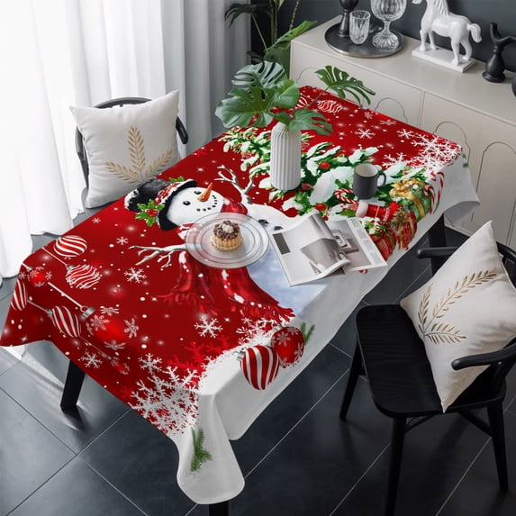Red Christmas Table Cloth Waterproof Tablecloths, Snowman Xmas Tree Ball Gifts Winter Tablecloth Dining Table Cover for Kitchen Party Tabletop Outdoor, Rectangle Tablecloth 60x120 Inch