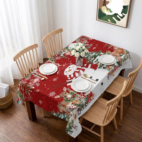 Red Christmas Table Cloth Waterproof Tablecloths, Snowman Xmas Tree Poinsettia Eucalyptus Tablecloth Dining Table Cover for Kitchen Party Tabletop Outdoor, Rectangle Tablecloth 52x70 Inch