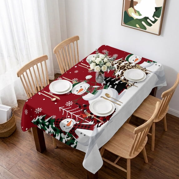 Red Christmas Table Cloth Waterproof Tablecloths, Snowman Xmas Tree Winter Snowflake Tablecloth Dining Table Cover for Kitchen Party Tabletop Outdoor, Rectangle Tablecloth 52x70 Inch
