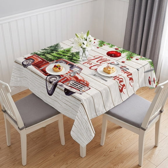 Red Christmas Table Cloth Waterproof Tablecloths, Truck Xmas Tree Ball Snowflake Winter Wooden Tablecloth Dining Table Cover for Kitchen Party Tabletop Outdoor, Square Tablecloth 60x60 Inch