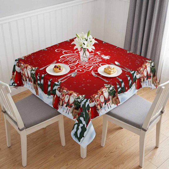 Red Christmas Table Cloth Waterproof Tablecloths, Winter Santa Claus Snowman Deer Pine Tree Tablecloth Dining Table Cover for Kitchen Party Tabletop Outdoor, Square Tablecloth 54x54 Inch