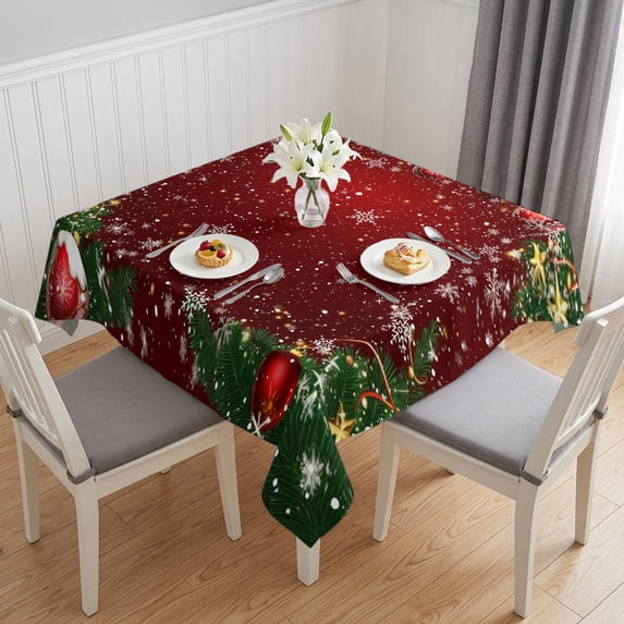 Red Christmas Table Cloth Waterproof Tablecloths, Winter Xmas Balls Snowflake Pine Branches Tablecloth Dining Table Cover for Kitchen Party Tabletop Outdoor, Square Tablecloth 60x60 Inch