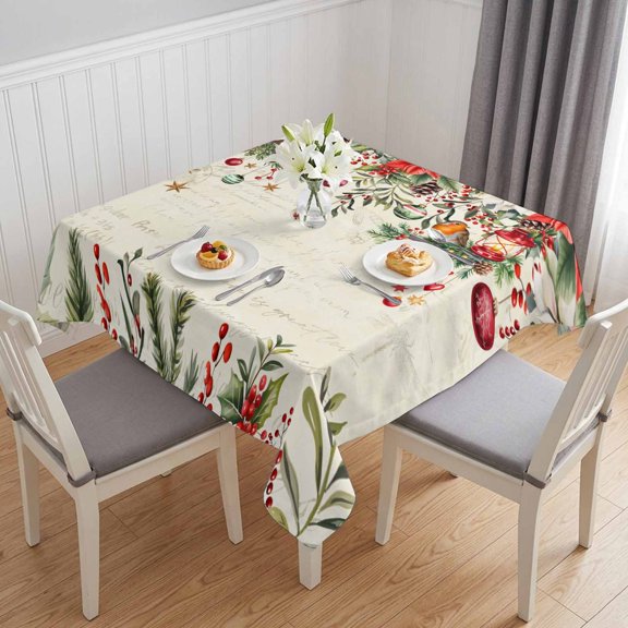 Red Christmas Table Cloth Waterproof Tablecloths, Xams Tree Winter Poinsettia Pine Cones Farmhouse Tablecloth Dining Table Cover for Kitchen Party Tabletop Outdoor, Square Tablecloth 54x54 Inch