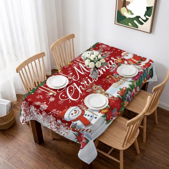 Red Christmas Table Cloth Waterproof Tablecloths, Xmas Snowman Santa Elk Winter Snowflake Tablecloth Dining Table Cover for Kitchen Party Tabletop Outdoor, Rectangle Tablecloth 60x102 Inch