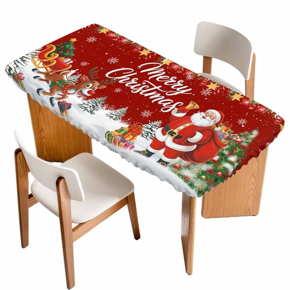 Red Christmas Table Cloths for 3 Foot Rectangle Tables, Santa Elk Gifts Snowflake Winter Xmas Tree Patio Waterproof Elastic Fitted Tablecloths, Washable Rectangular Table Cover for Camping