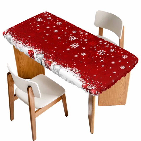 Red Christmas Table Cloths for 3 Foot Rectangle Tables, Snowflake Winter Xmas Ball Patio Waterproof Elastic Fitted Tablecloths, Washable Rectangular Table Cover for Camping